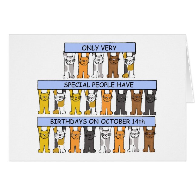 Cartão Aniversário de 14 de outubro Gatos de Cartoon (Frente Horizontal)