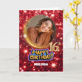 Cartão Aniversário de 16 anos com Foto e Brilho Moderno e