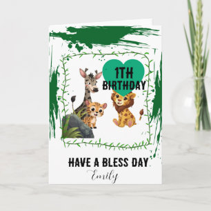 Cartão Aniversário de 1 ano com animais da selva verde