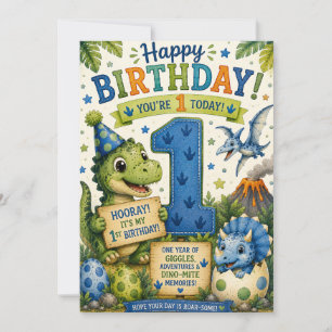 Cartão Aniversário de 1 ano Dino-Mite