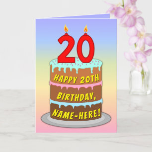Cartão Aniversário de 20 — Bolo e Velas Divertidas com No