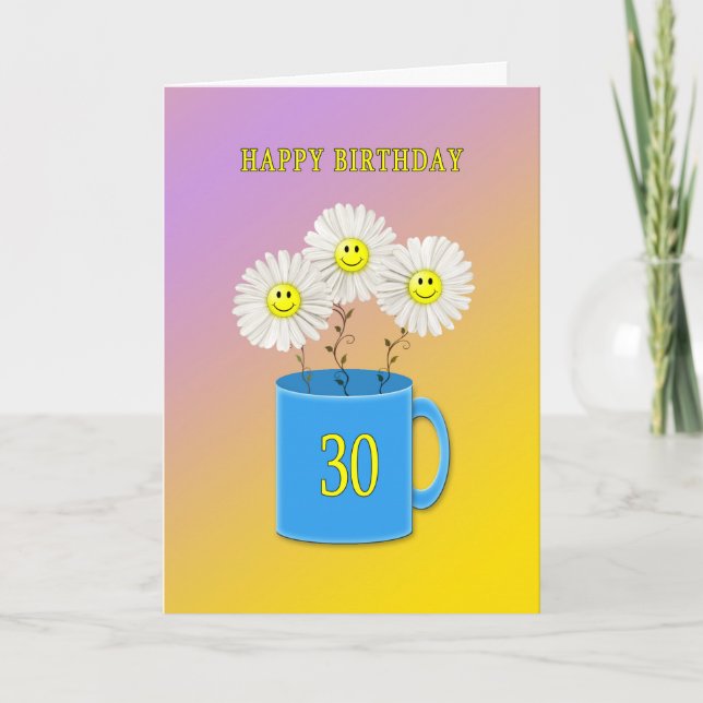 Cartão aniversário de 30 anos com flores sorridentes feli (Frente)