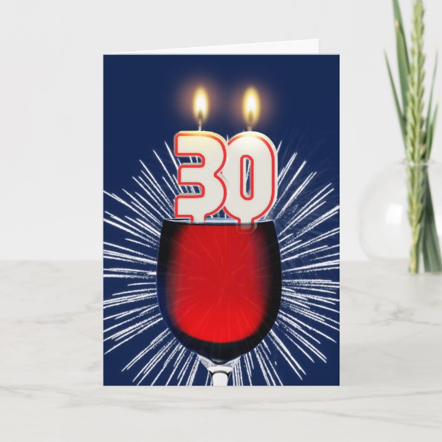 Cartão aniversário de 30 anos com vinho e velas (Frente)