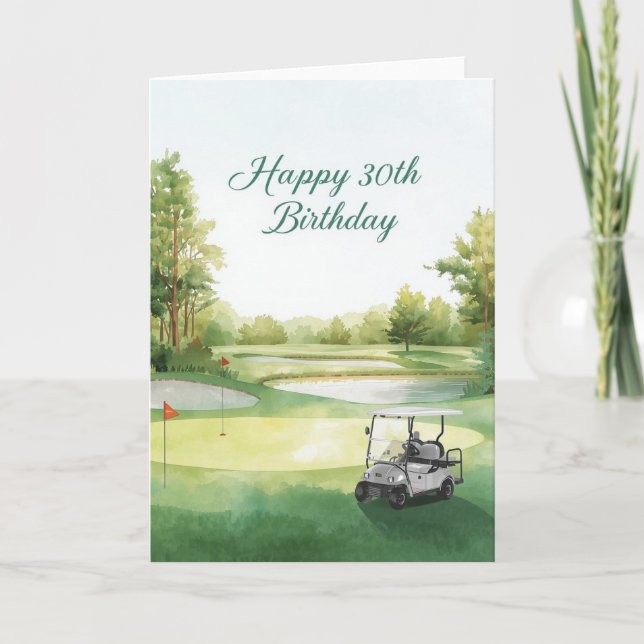 Cartão Aniversário de 30 anos de golfe com carrinho de go (Frente)