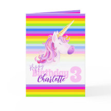 Cartão aniversário de 3 anos colorido do Unicorn a