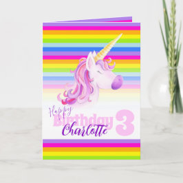Cartão aniversário de 3 anos colorido do Unicorn a