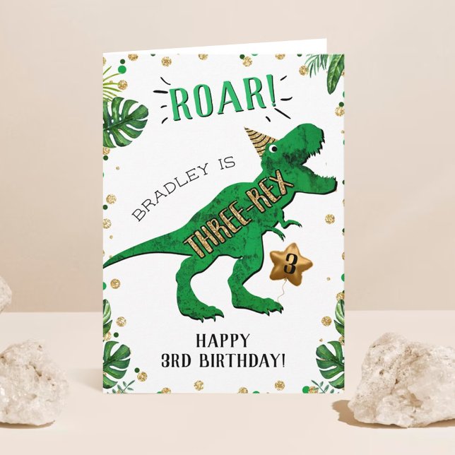 Cartão Aniversário de 3 anos de Dinossauro Três Rex (Criador carregado)