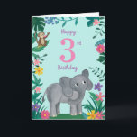 Cartão aniversário de 3 anos De Elefantes E Amigos<br><div class="desc">Elefante floral e amigos,  imagem design colorida no dentro. basta clicar em personalizar para fazer o seu</div>