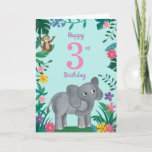 Cartão aniversário de 3 anos De Elefantes E Amigos<br><div class="desc">Elefante floral e amigos,  imagem design colorida no dentro. basta clicar em personalizar para fazer o seu</div>