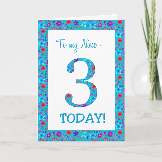 Cartão aniversário de 3 anos Floral bonito para o Azul Ni (Frente)