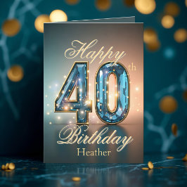 Cartão Aniversário de 40 anos de Gemstone Azul, Dourado e