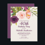 Cartão Aniversário de 40 anos de mulheres, cor-de-rosa, p<br><div class="desc">Púrpura elegante e bonita,  púrpura e pincelada,  cor-de-água rosa floral em convite de festas de cor creme para mulheres. Entre em contato conosco para obter ajuda com a personalização ou para solicitar produtos correspondentes.</div>