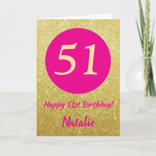 Cartão Aniversário de 51 anos Feliz Brilho Rosa e Dourado