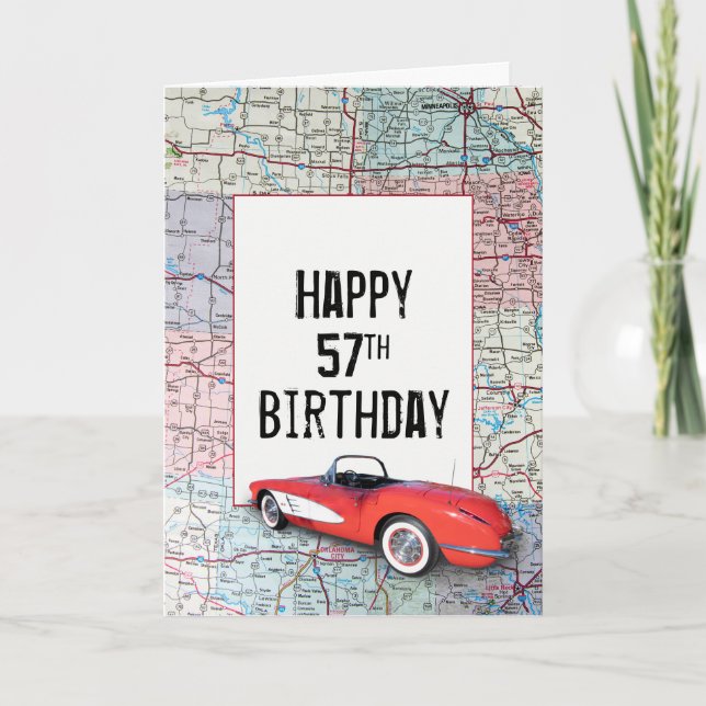 Cartão Aniversário de 57 anos Corvette Retro no Mapa (Frente)