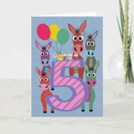 Cartão Aniversário de 5 anos com Cinco Burros e Bolinhos