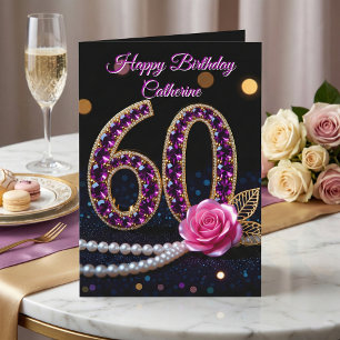 Cartão Aniversário de 60 anos Rosa Roxa Elegante Ametista