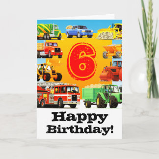 Cartão Aniversário de 6 do Garoto dos Caminhões de Constr