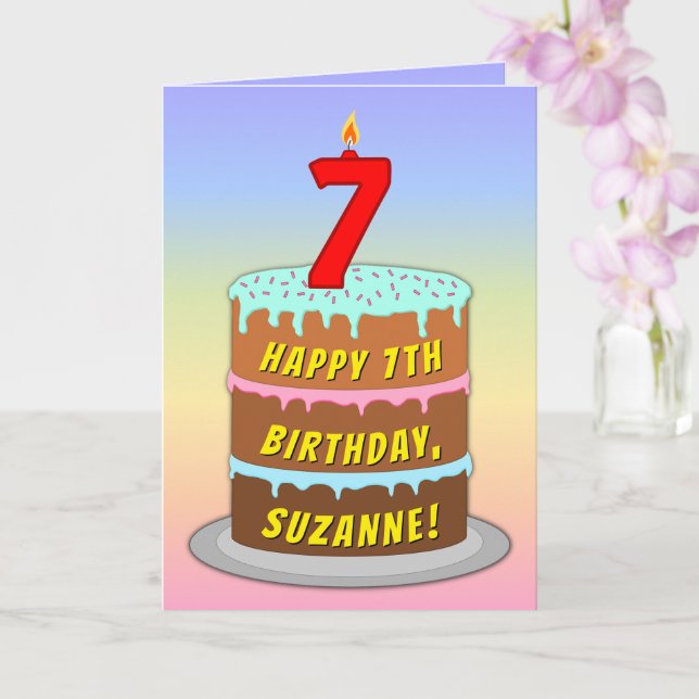Cartão Aniversário de 7 — Bolo e Vela Divertidos, Com Nom (Orquídea)