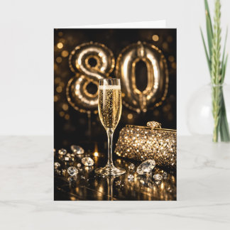Cartão Aniversário de 80 anos Champagne Preto e Dourado E