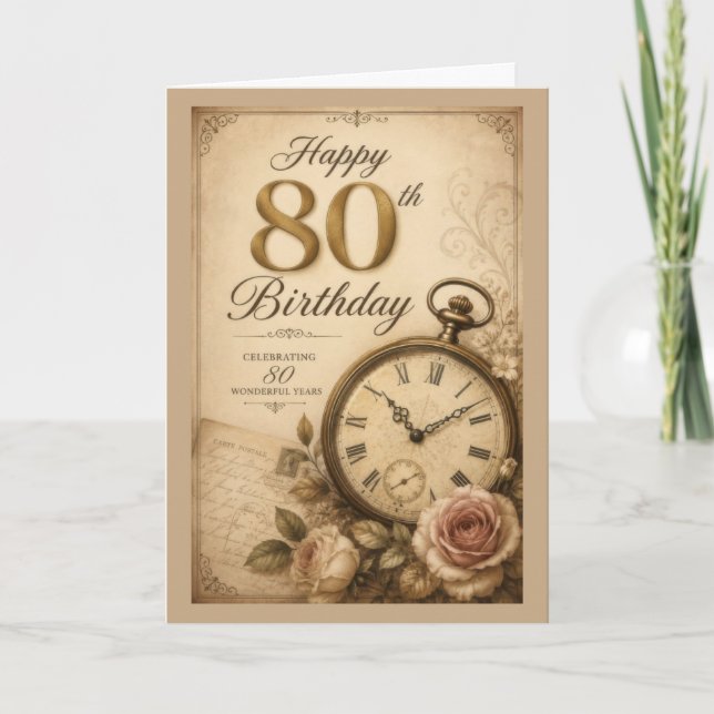 Cartão Aniversário de 80 anos Vintage (Frente)