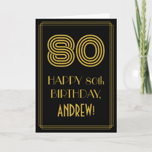 Cartão Aniversário de 80: Art Deco Inspirou "80" & Nome