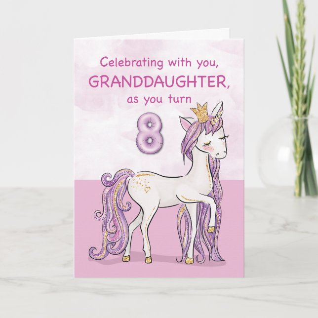 Cartão Aniversário de 8 anos da neta com cavalo rosa e co (Frente)