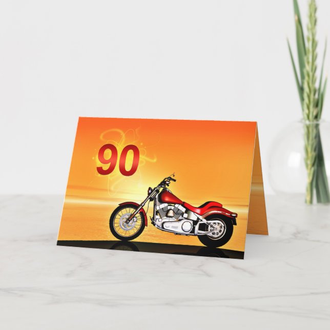 Cartão Aniversário de 90 anos Moto pôr do sol (Frente)