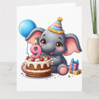 Cartão Aniversário de 9 anos do Elefante Fofo