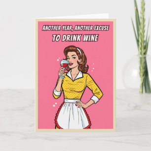 Cartão Aniversário de Arte Pop com Humor de Vinho Vintage