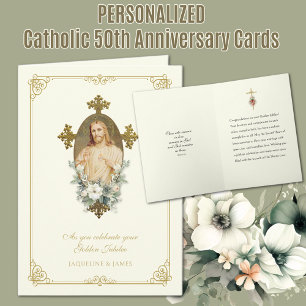 Cartão Aniversário de Bodas de Ouro Católico de 50 Anos J