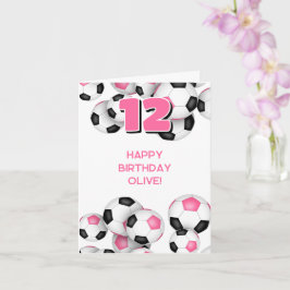 Cartão aniversário de bolas de futebol preto rosa