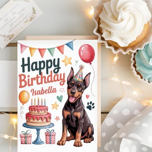 Cartão Aniversário de Cachorro Doberman Fofo Personalizad