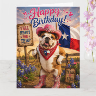CARTÃO ANIVERSÁRIO DE CADOGA BULLDOG INGLÊS TEXAS COWGIRL