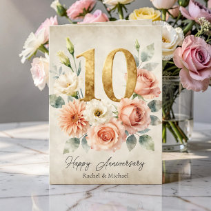 Cartão Aniversário de Casamento de 10 Anos Watercolor Flo