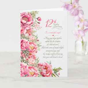 Cartão Aniversário de Casamento de 12 Anos Peônias Cor-de