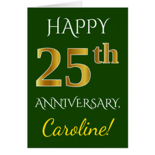 Cartão Aniversário de Casamento de 25 Verde, Faux Dourad