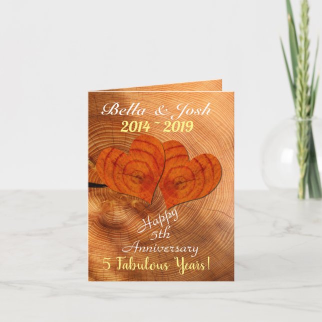 Cartão Aniversário de Casamento de 5 de Madeira Faux Pers (Frente)