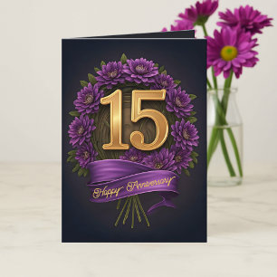 Cartão Aniversário de Casamento Dourado e Roxo Floral