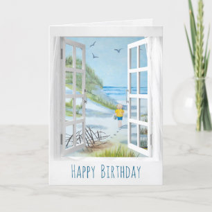 Cartão aniversário de cena do mar de janela aberta