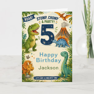 Cartão Aniversário de Cinco Anos do Dinossauro Colorido