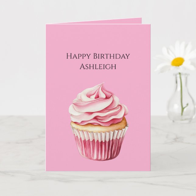 Cartão Aniversário de Cupcake Rosa (Planta pequena)