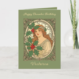 Cartão Aniversário de Dezembro Art Nouveau Azevinho Fruta