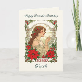 Cartão Aniversário de Dezembro Azevinho e Poinsettia Verm