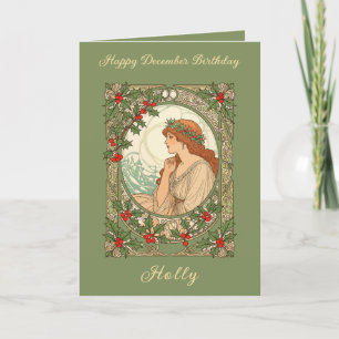 Cartão Aniversário de Dezembro Holly Berries Art Nouveau