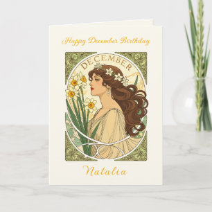 Cartão Aniversário de Dezembro Narciso Arte Nova Ilustraç