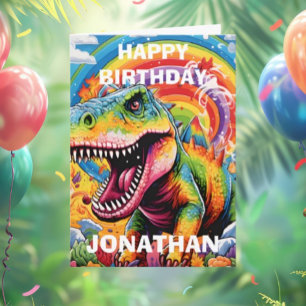 Cartão aniversário de dinossauro colorido fofo