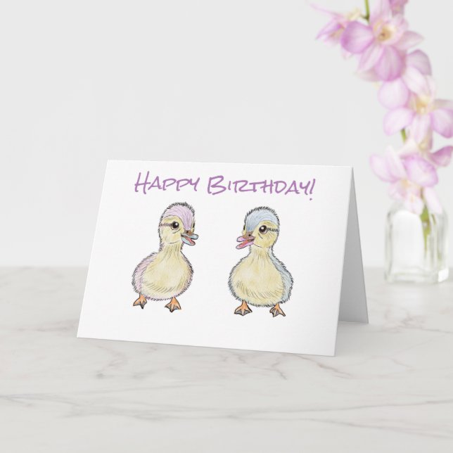 Cartão Aniversário de Dois Patos Pequenos (Orquídea)