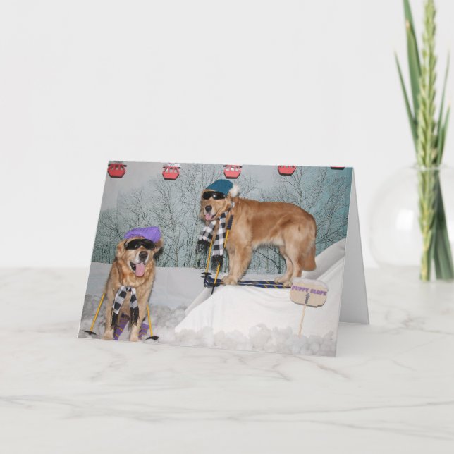 Cartão Aniversário de esqui do golden retriever (Frente)