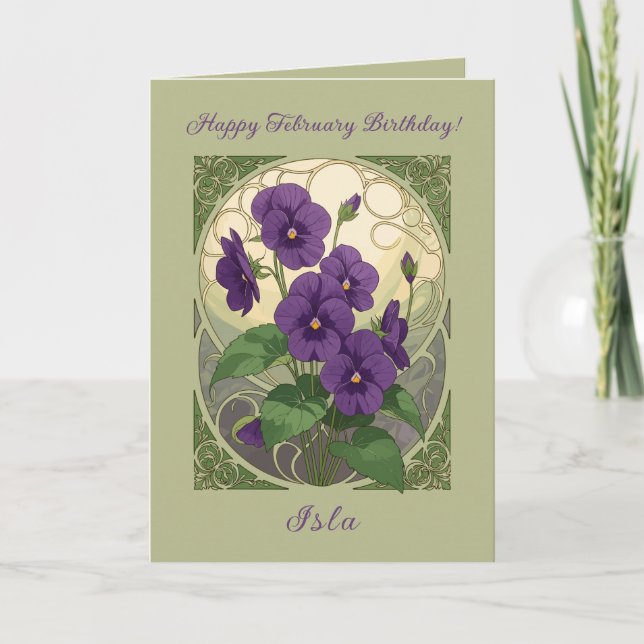 Cartão Aniversário de Fevereiro Flores de Viola Estilo Ar (Frente)