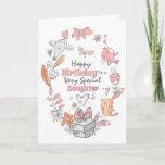 Cartão Aniversário de filhas de aves voadoras<br><div class="desc">Uma bela ilustração de uma coroa floral, desenhada à mão, composta por cinzas pastel, flores cor-de-rosa e laranja, pássaros cortantes e um presente com uma fita nela, que incrimina uma borboleta e as palavras, feliz aniversário para uma filha muito especial (que pode ser mudada para neta, sobrinha, afilhada etc) aparece...</div>